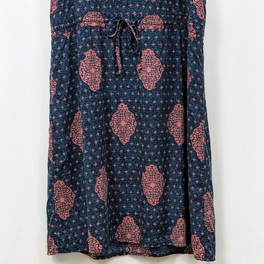 Lucky Brand Tank Dress Drawstring Waist Button Front Medallion Print Blue Pink S